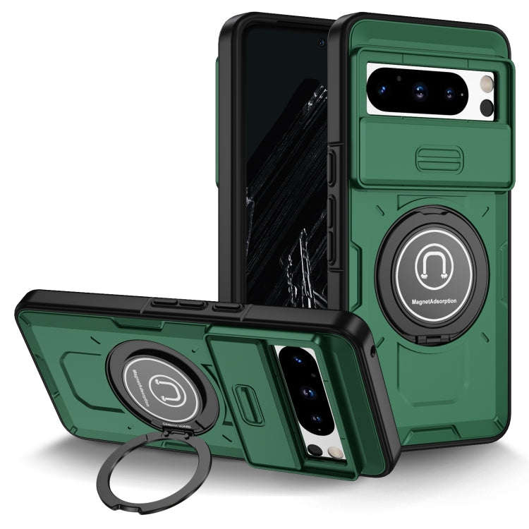 For Google Pixel 8 Pro Sliding Camshield TPU Hybrid PC Magnetic Holder Phone Case(Dark Green)