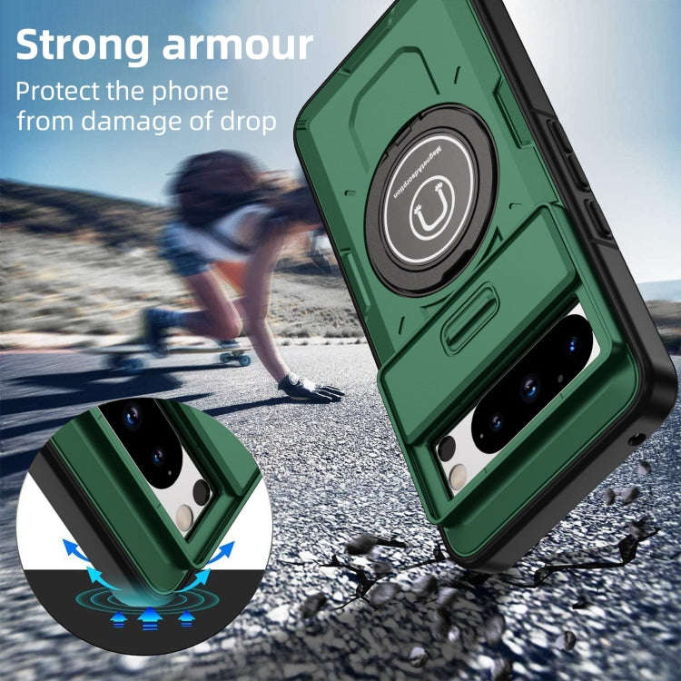 For Google Pixel 8 Pro Sliding Camshield TPU Hybrid PC Magnetic Holder Phone Case(Dark Green)