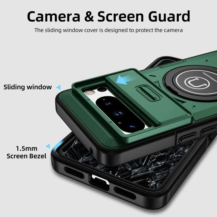 For Google Pixel 8 Pro Sliding Camshield TPU Hybrid PC Magnetic Holder Phone Case(Dark Green)
