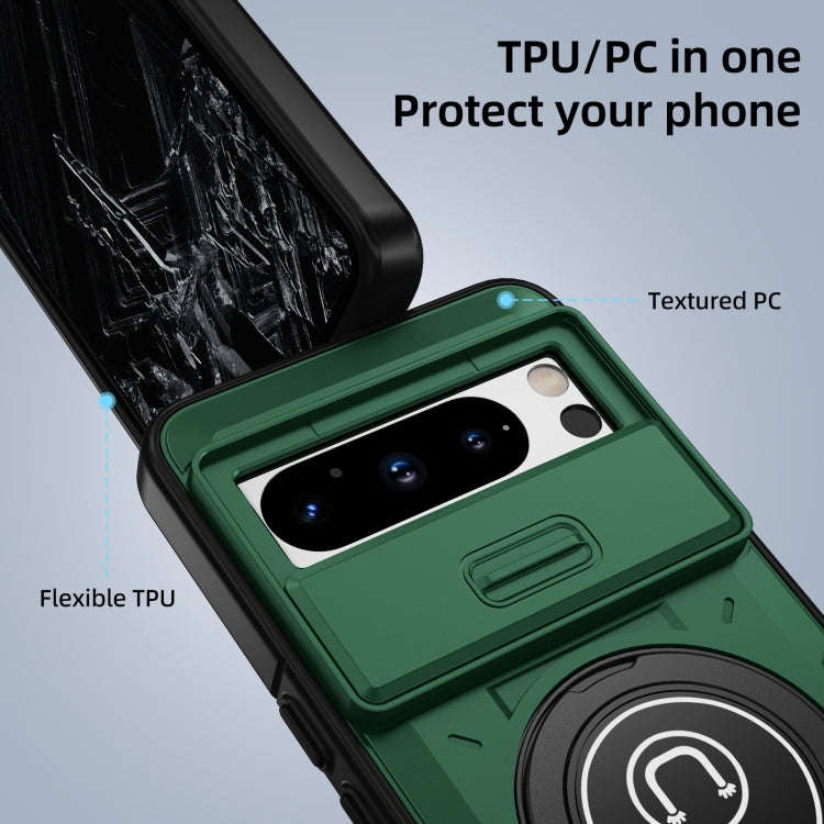 For Google Pixel 8 Pro Sliding Camshield TPU Hybrid PC Magnetic Holder Phone Case(Dark Green)