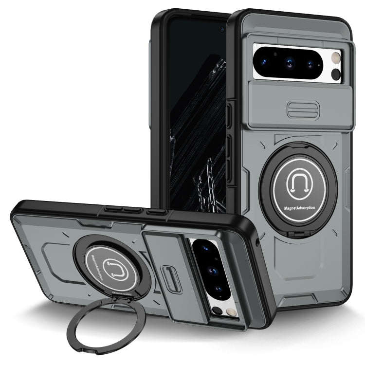 For Google Pixel 8 Pro Sliding Camshield TPU Hybrid PC Magnetic Holder Phone Case(Grey)