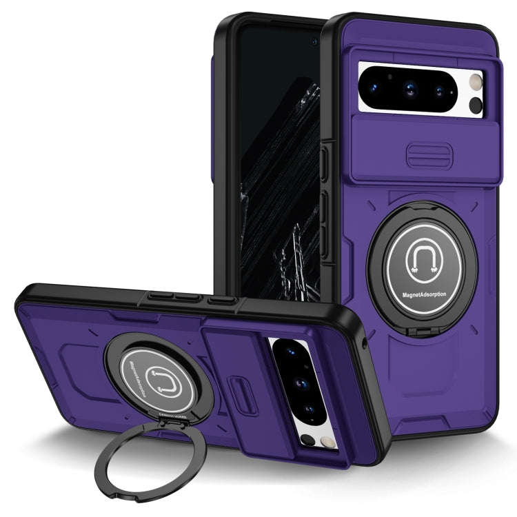 For Google Pixel 8 Pro Sliding Camshield TPU Hybrid PC Magnetic Holder Phone Case(Purple)