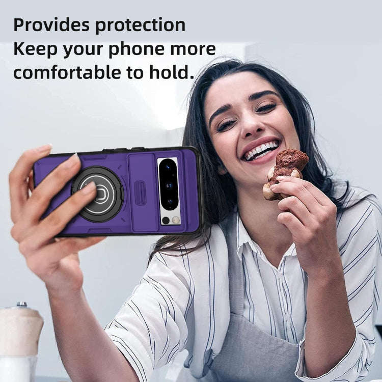 For Google Pixel 8 Pro Sliding Camshield TPU Hybrid PC Magnetic Holder Phone Case(Purple)