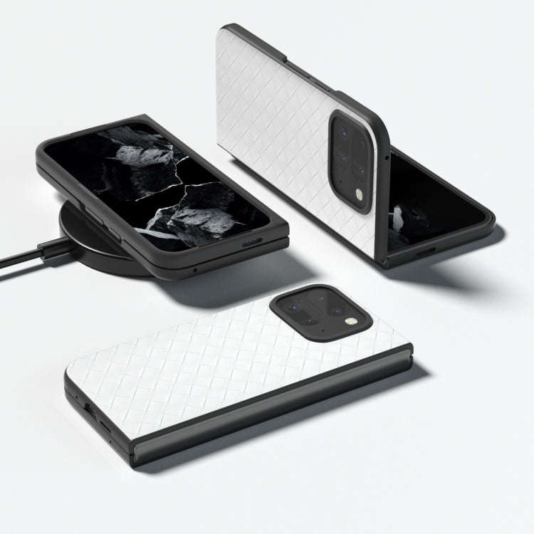 For Google Pixel 9 Pro Fold Black Frame Woven Texture PU Phone Case(White)