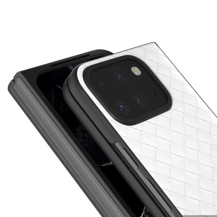 For Google Pixel 9 Pro Fold Black Frame Woven Texture PU Phone Case(White)