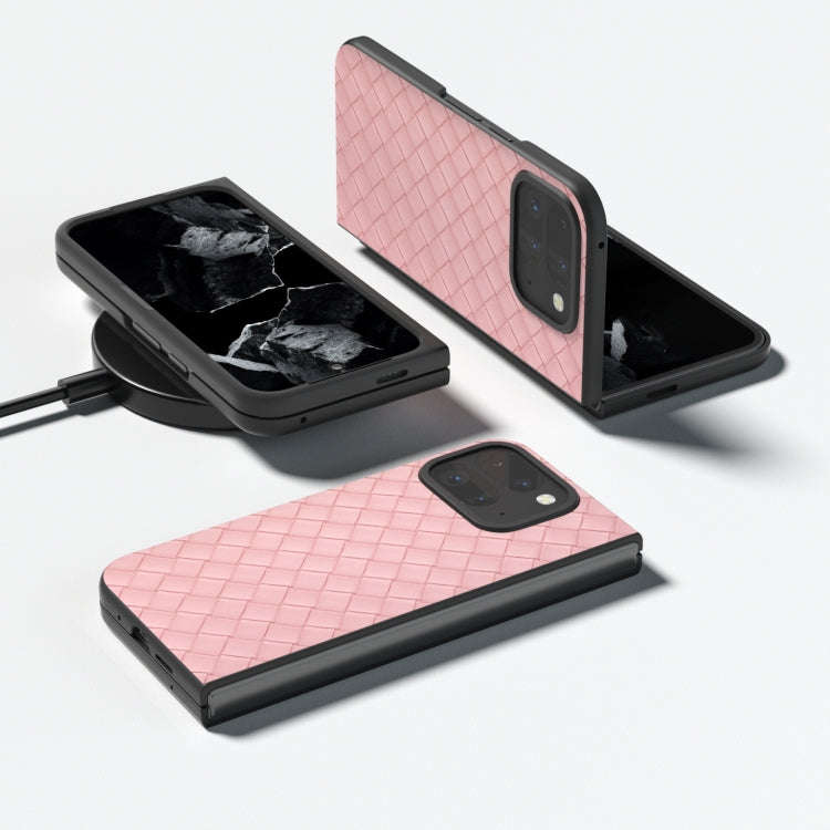 For Google Pixel 9 Pro Fold Black Frame Woven Texture PU Phone Case(Pink)