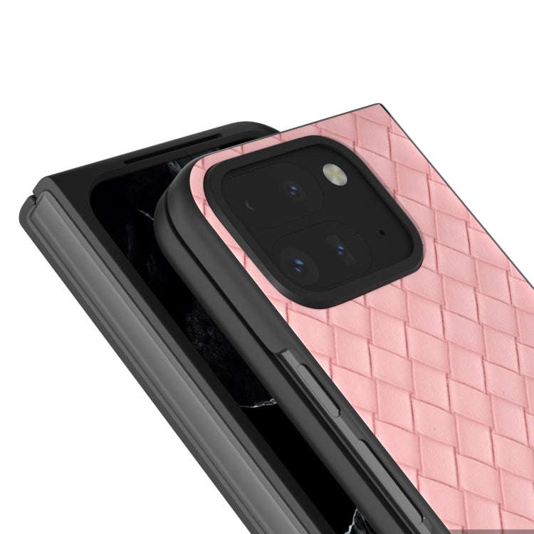 For Google Pixel 9 Pro Fold Black Frame Woven Texture PU Phone Case(Pink)