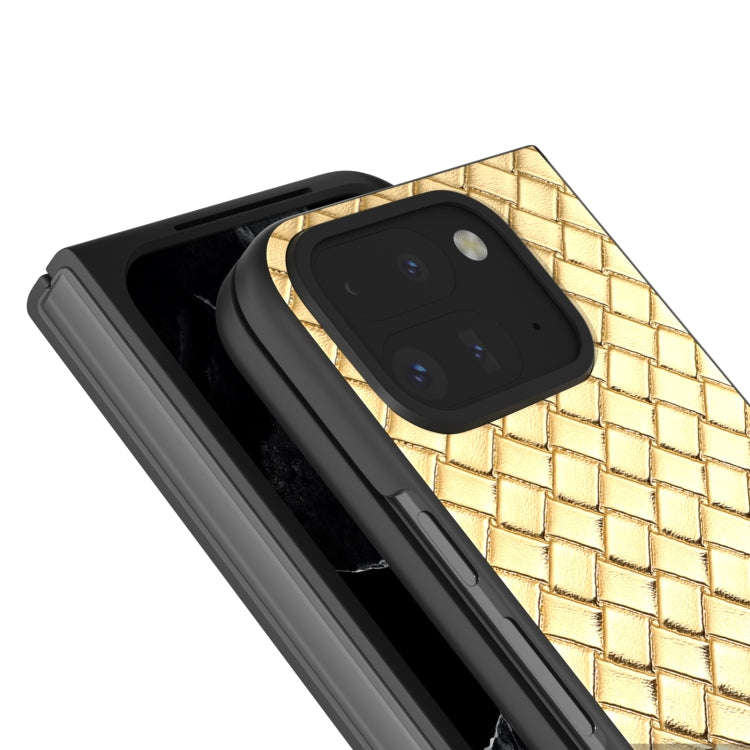 For Google Pixel 9 Pro Fold Black Frame Woven Texture PU Phone Case(Gold)