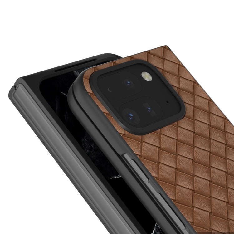 For Google Pixel 9 Pro Fold Black Frame Woven Texture PU Phone Case(Brown)