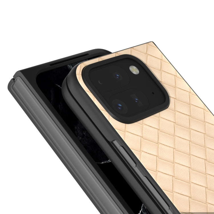 For Google Pixel 9 Pro Fold Black Frame Woven Texture PU Phone Case(Beige)