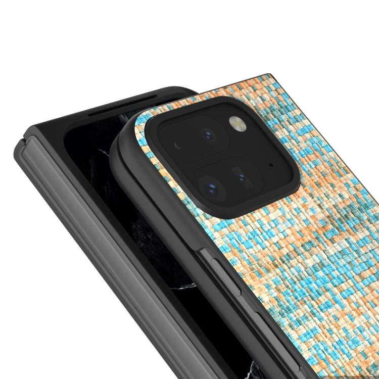 For Google Pixel 9 Pro Fold Black Frame Color Lattice Texture PU Phone Case(Blue)