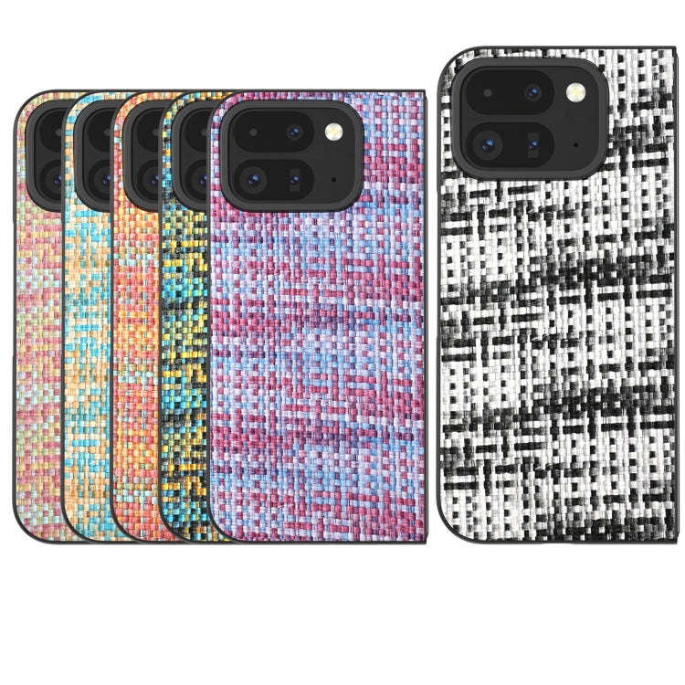 For Google Pixel 9 Pro Fold Black Frame Color Lattice Texture PU Phone Case(Blue)