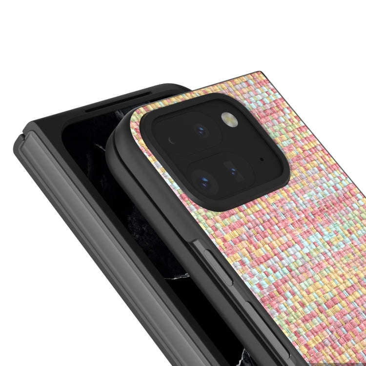 For Google Pixel 9 Pro Fold Black Frame Color Lattice Texture PU Phone Case(Pink)