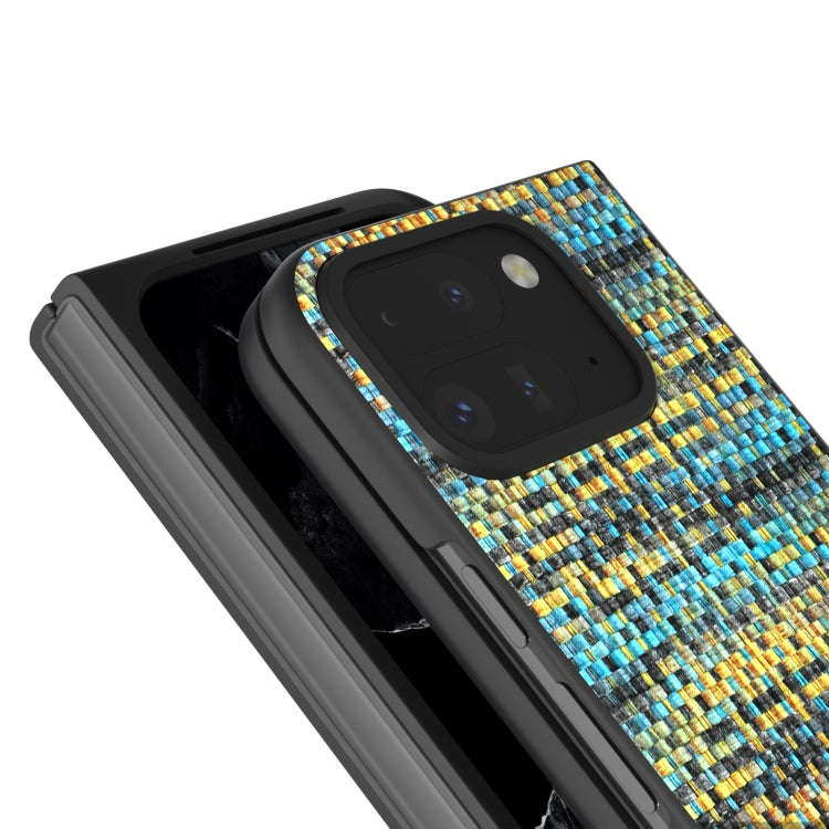 For Google Pixel 9 Pro Fold Black Frame Color Lattice Texture PU Phone Case(Gold)