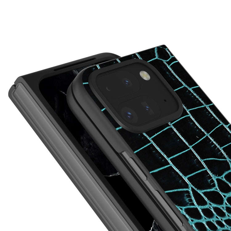 For Google Pixel 9 Pro Fold ABEEL Genuine Leather Crocodile Pattern Black Edge Phone Case(Blue)