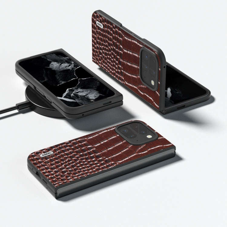 For Google Pixel 9 Pro Fold ABEEL Genuine Leather Crocodile Pattern Black Edge Phone Case(Coffee)