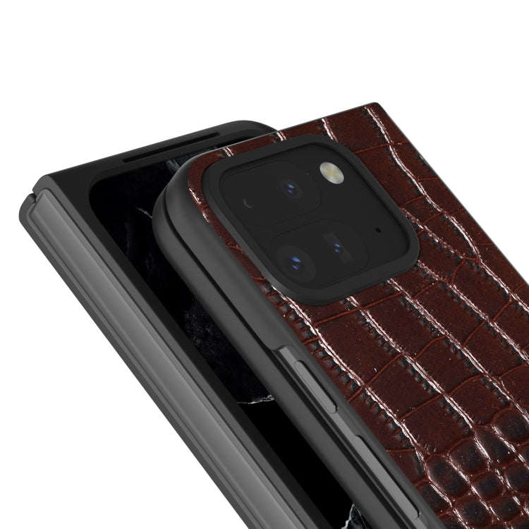 For Google Pixel 9 Pro Fold ABEEL Genuine Leather Crocodile Pattern Black Edge Phone Case(Coffee)