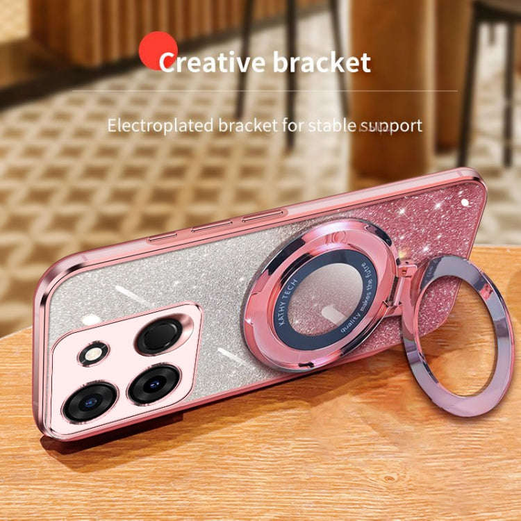 For Infinix Smart 7 Plated Gradient Glitter Round Holder TPU Phone Case(Pink)