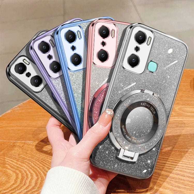 For Infinix Hot 20 Play Plated Gradient Glitter Round Holder TPU Phone Case(Silver)