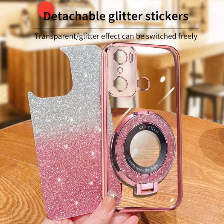 For Infinix Hot 20 Play Plated Gradient Glitter Round Holder TPU Phone Case(Sierra Blue)