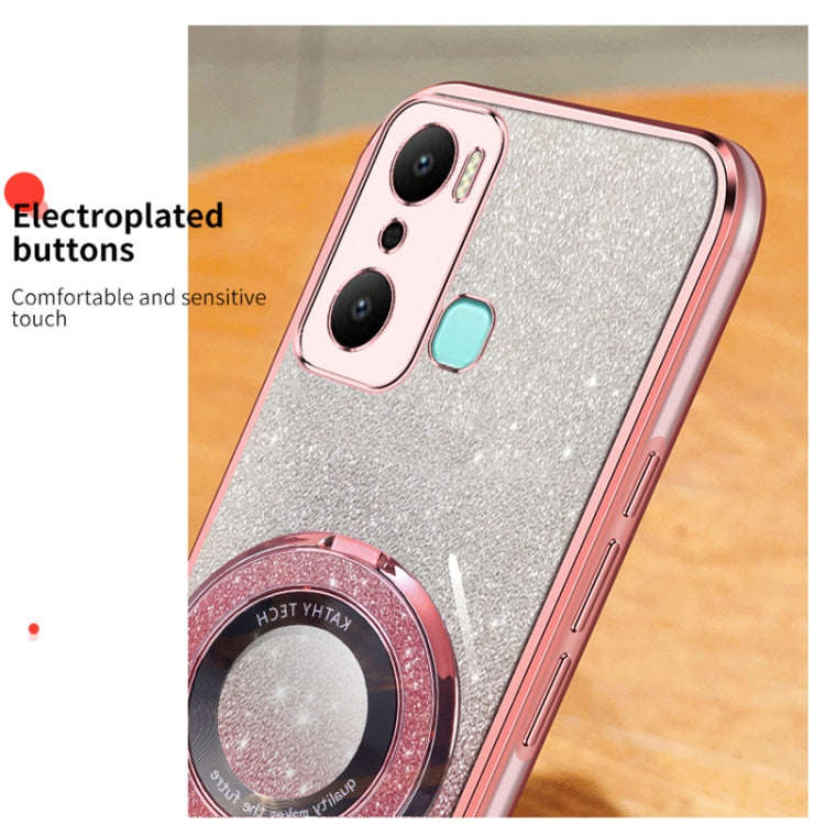 For Infinix Hot 20 Play Plated Gradient Glitter Round Holder TPU Phone Case(Sierra Blue)