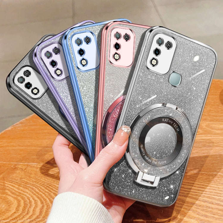 For Infinix Hot 10 Play Plated Gradient Glitter Round Holder TPU Phone Case(Silver)