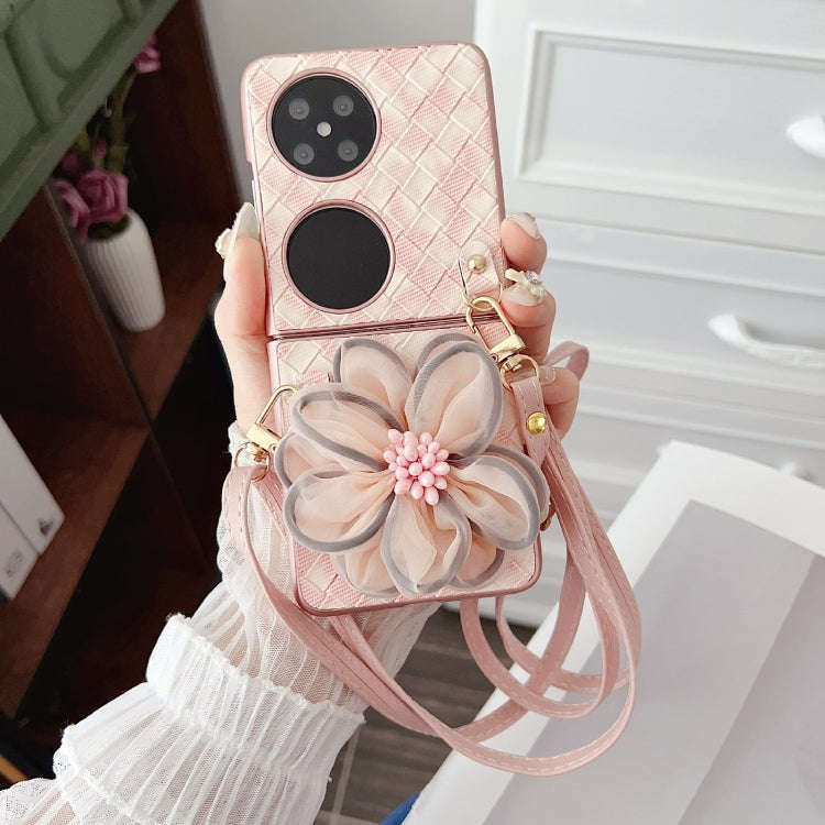 For Huawei P50 Pocket Colorful Woven Pattern 3D Yarn Flower Phone Case with Lanyard(Pink)
