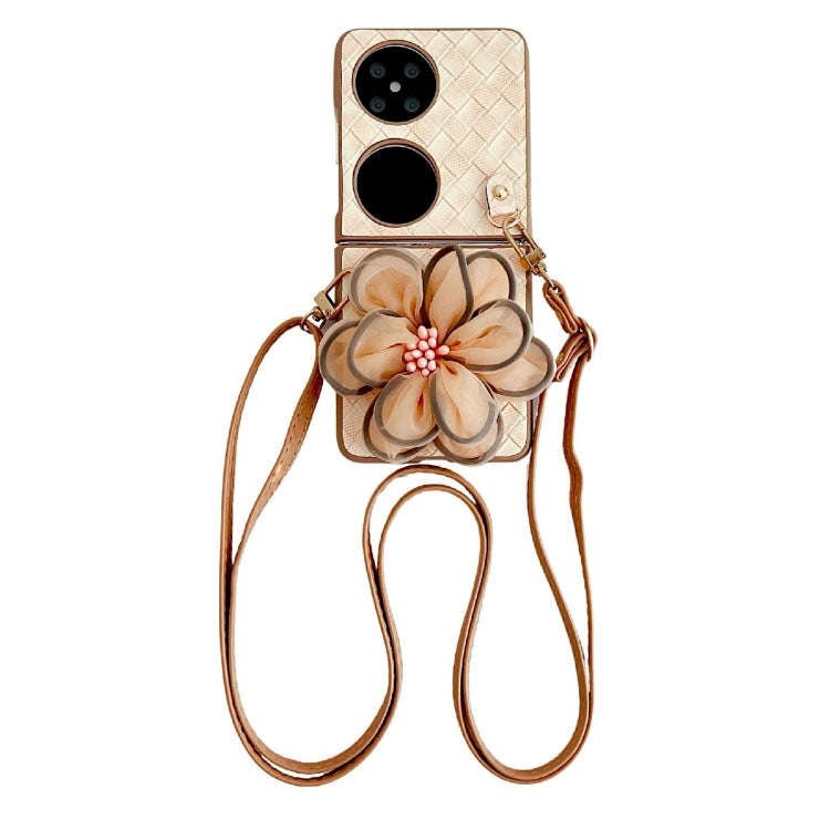 For Huawei P50 Pocket Colorful Woven Pattern 3D Yarn Flower Phone Case with Lanyard(Orange)
