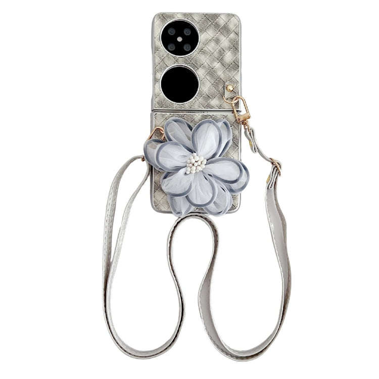 For Huawei P50 Pocket Colorful Woven Pattern 3D Yarn Flower Phone Case with Lanyard(White)