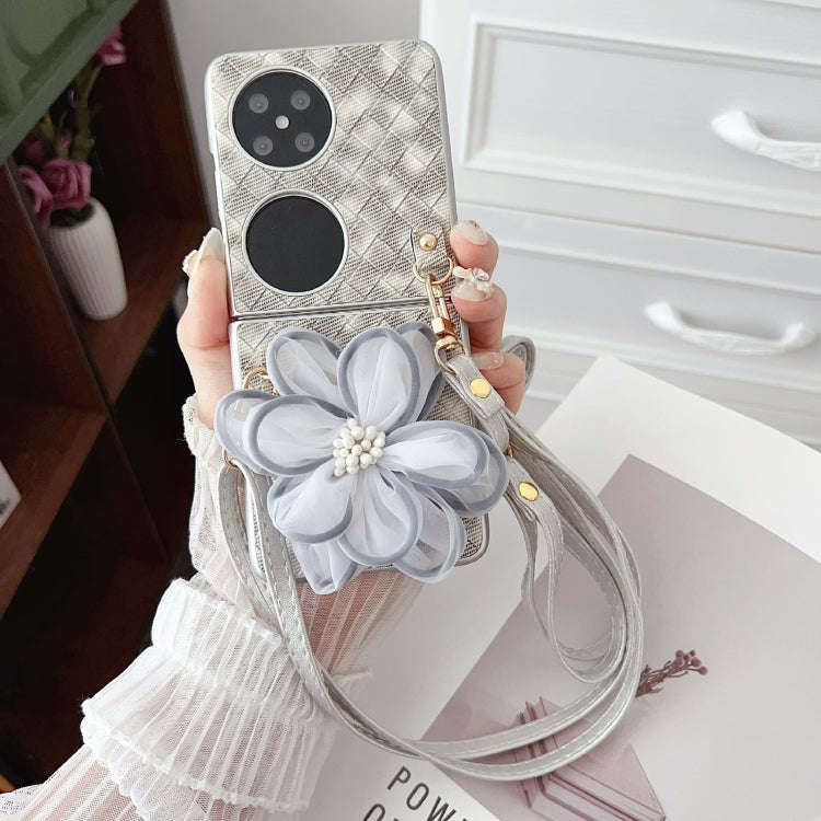 For Huawei P50 Pocket Colorful Woven Pattern 3D Yarn Flower Phone Case with Lanyard(White)