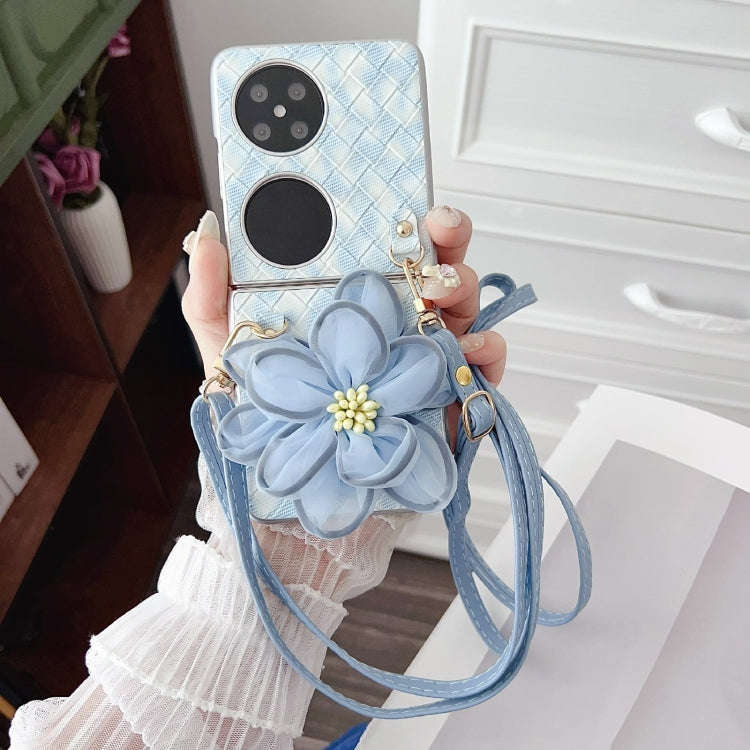 For Huawei P50 Pocket Colorful Woven Pattern 3D Yarn Flower Phone Case with Lanyard(Blue)