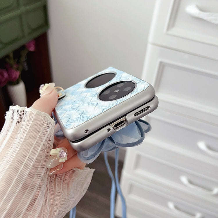 For Huawei P50 Pocket Colorful Woven Pattern 3D Yarn Flower Phone Case with Lanyard(Blue)