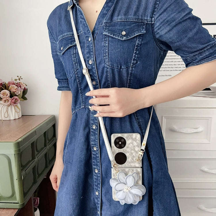 For Huawei P50 Pocket Colorful Woven Pattern 3D Yarn Flower Phone Case with Lanyard(Blue)