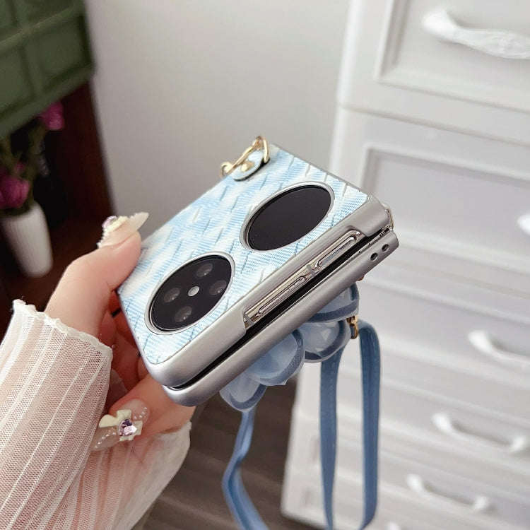 For Huawei P50 Pocket Colorful Woven Pattern 3D Yarn Flower Phone Case with Lanyard(Blue)