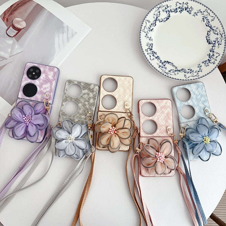 For Huawei P50 Pocket Colorful Woven Pattern 3D Yarn Flower Phone Case with Lanyard(Blue)