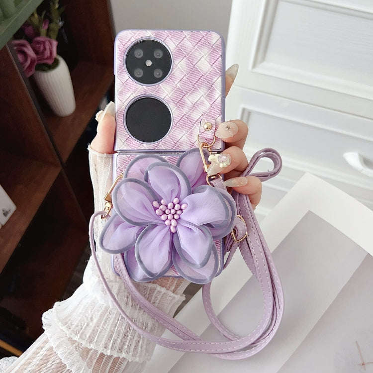 For Huawei Pocket 2 Colorful Woven Pattern 3D Yarn Flower Phone Case with Lanyard(Purple)