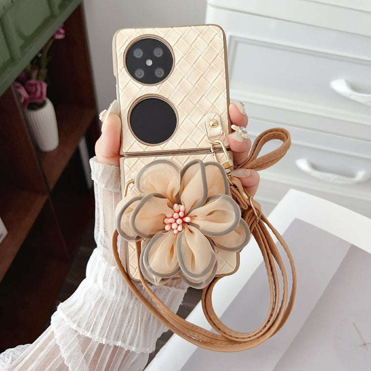 For Huawei Pocket 2 Colorful Woven Pattern 3D Yarn Flower Phone Case with Lanyard(Orange)
