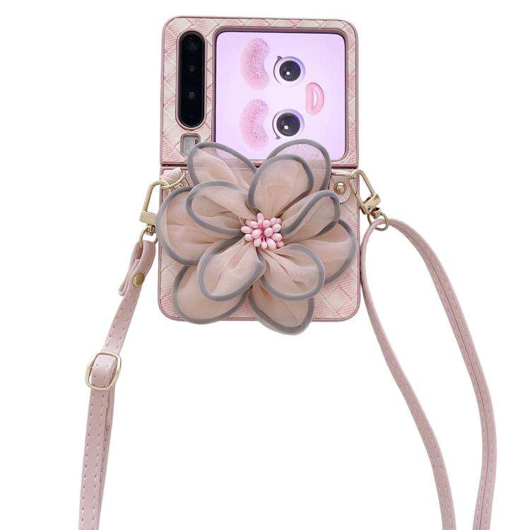 For Huawei Pura X Colorful Woven Pattern 3D Yarn Flower Phone Case with Lanyard(Pink)