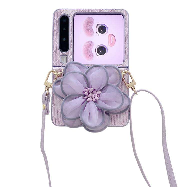 For Huawei Pura X Colorful Woven Pattern 3D Yarn Flower Phone Case with Lanyard(Purple)