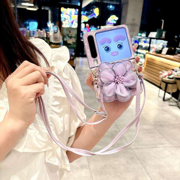 For Huawei Pura X Colorful Woven Pattern 3D Yarn Flower Phone Case with Lanyard(Purple)