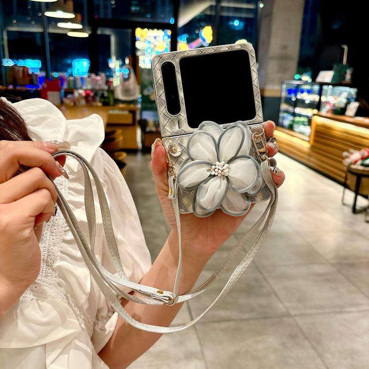 For Huawei Pura X Colorful Woven Pattern 3D Yarn Flower Phone Case with Lanyard(White)