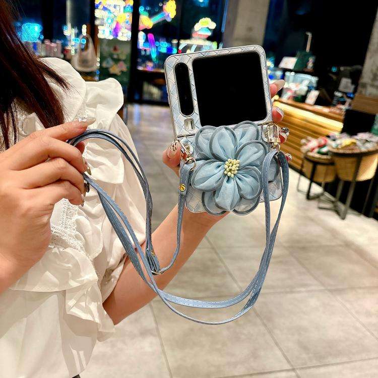 For Huawei Pura X Colorful Woven Pattern 3D Yarn Flower Phone Case with Lanyard(Blue)