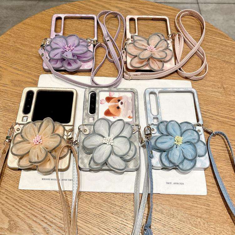 For Huawei Pura X Colorful Woven Pattern 3D Yarn Flower Phone Case with Lanyard(Blue)