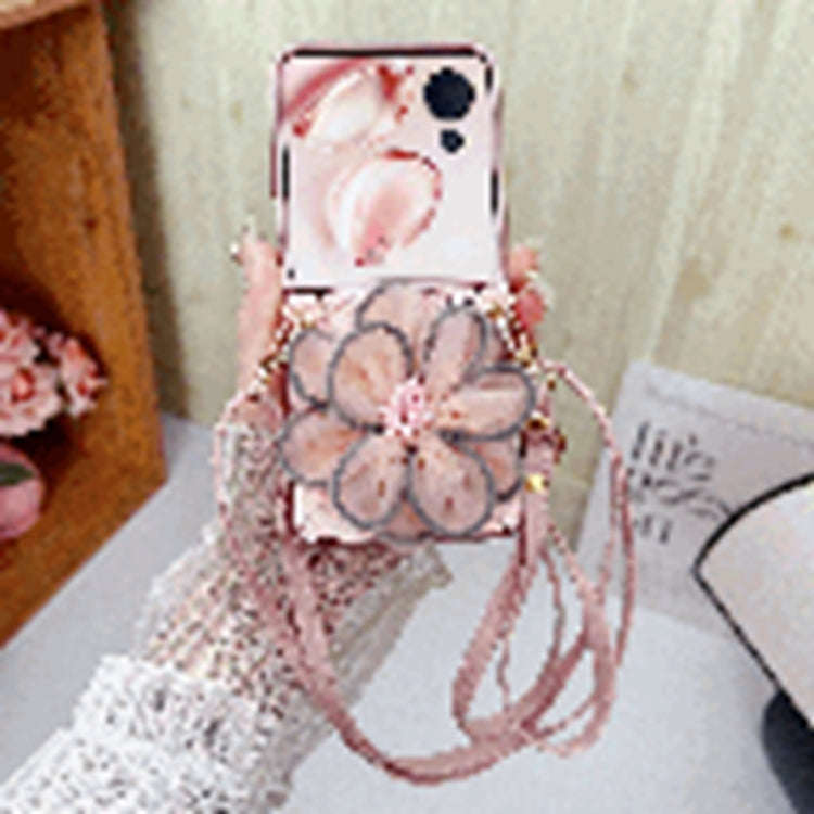 For Honor Magic V Flip Colorful Woven Pattern 3D Yarn Flower Phone Case with Lanyard(Pink)