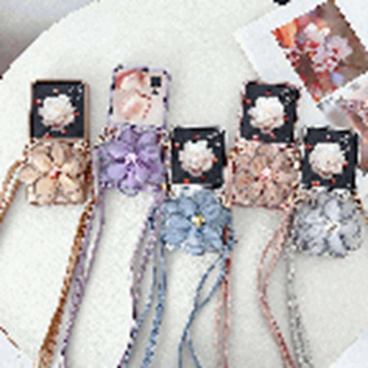 For Honor Magic V Flip Colorful Woven Pattern 3D Yarn Flower Phone Case with Lanyard(Pink)