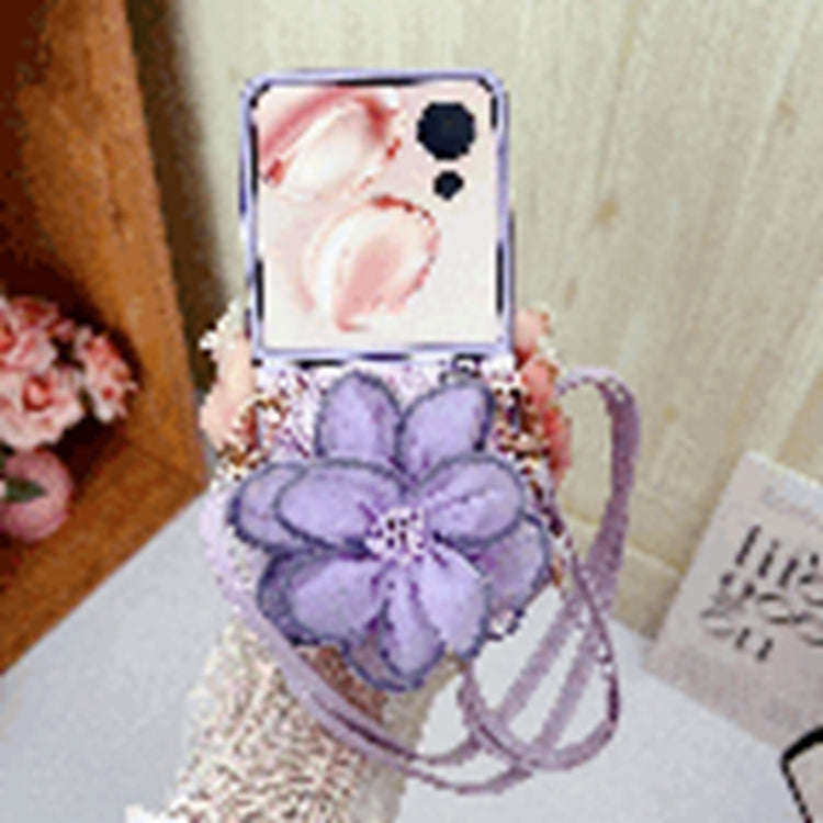 For Honor Magic V Flip Colorful Woven Pattern 3D Yarn Flower Phone Case with Lanyard(Purple)