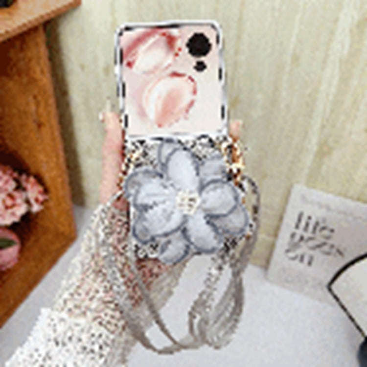 For Honor Magic V Flip Colorful Woven Pattern 3D Yarn Flower Phone Case with Lanyard(White)