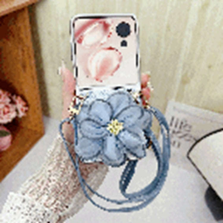 For Honor Magic V Flip Colorful Woven Pattern 3D Yarn Flower Phone Case with Lanyard(Blue)