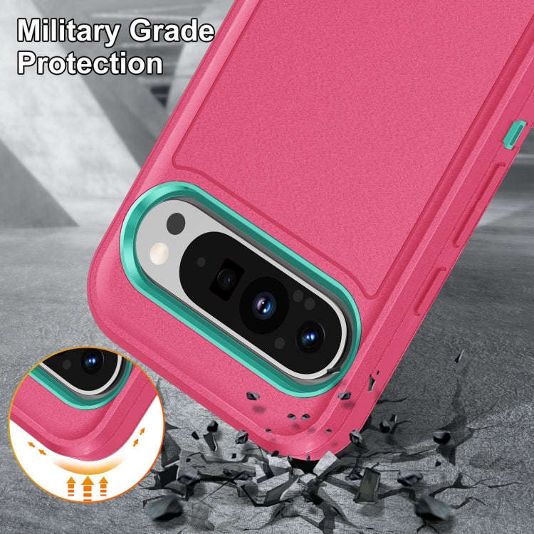 For Google Pixel 9 Pro Rugged PC + Silicone Phone Case with Holder(Rose Red+Light Green)