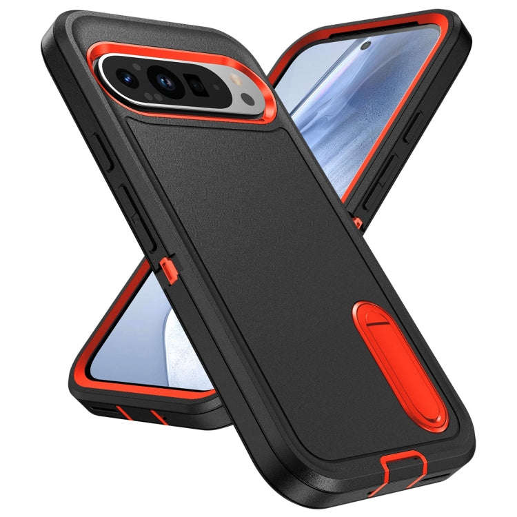 For Google Pixel 9 Pro Rugged PC + Silicone Phone Case with Holder(Black+Orange)